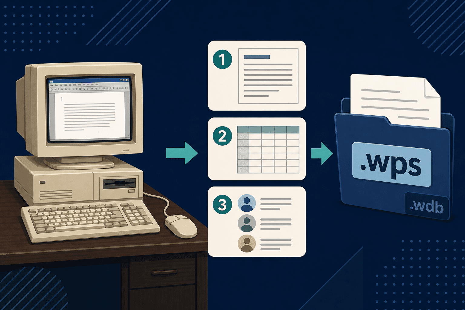From a vintage home PC through Works word processor, spreadsheet, and database modules to .wps and .wdb files
