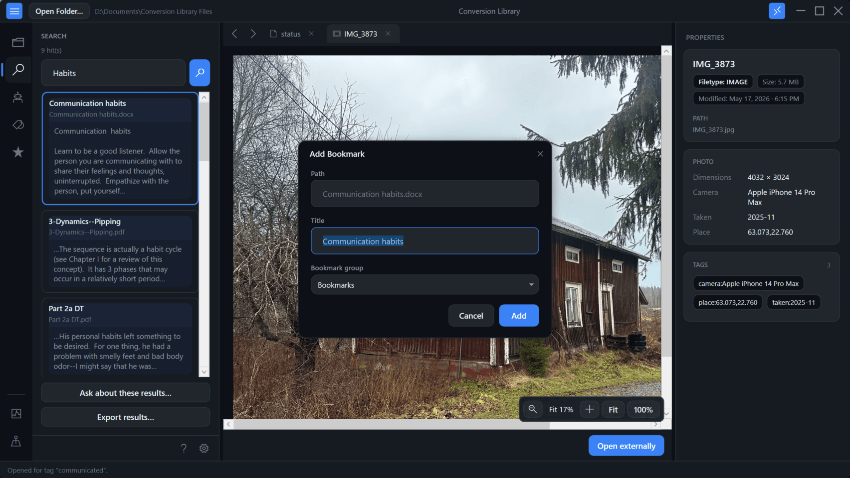 Dialog tilføj bogmærke i Conversion Library Dialog tilføj bogmærke i Conversion Library